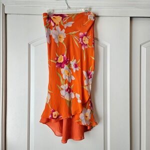 Lauren Ralph Lauren 100% Silk 8 Orange Floral Skirt Tropical Vacation Resortwear
